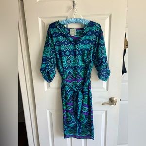Anthropologie dress in blue, green and purple tones.
